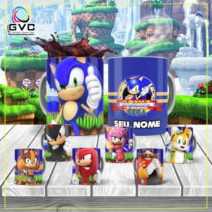Artes Estampas Canecas Turma do Sonic Editáveis PSD
