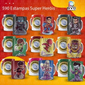 Estampas Super Heróis Editáveis para Sublimação de Canecas